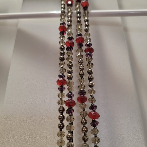 Vintage Red Necklace Gray Burgundy Beaded Crystal Cut Boho Chic 24, 12, 8 inches - Picture 5 of 10